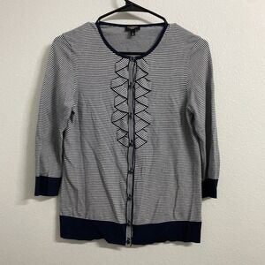 Talbots Womens Cardigan Sweater 3/4 Sleeve Sriped Print Blue White Size PS
